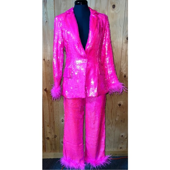 Pink Sequin Blazer Pants Set Feather Trim Outfit Sparkle Bling Barbie - Picture 1 of 10